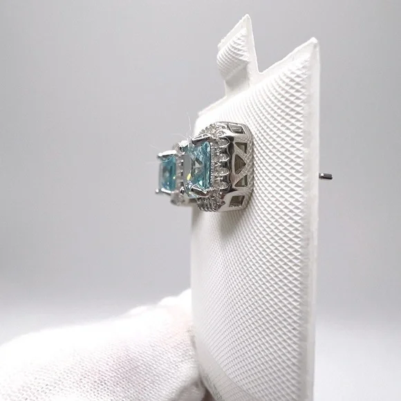 .925 Sterling Silver Halo Cushion Cut Simulated Aquamarine Cz Earrings - Picture 7 of 12